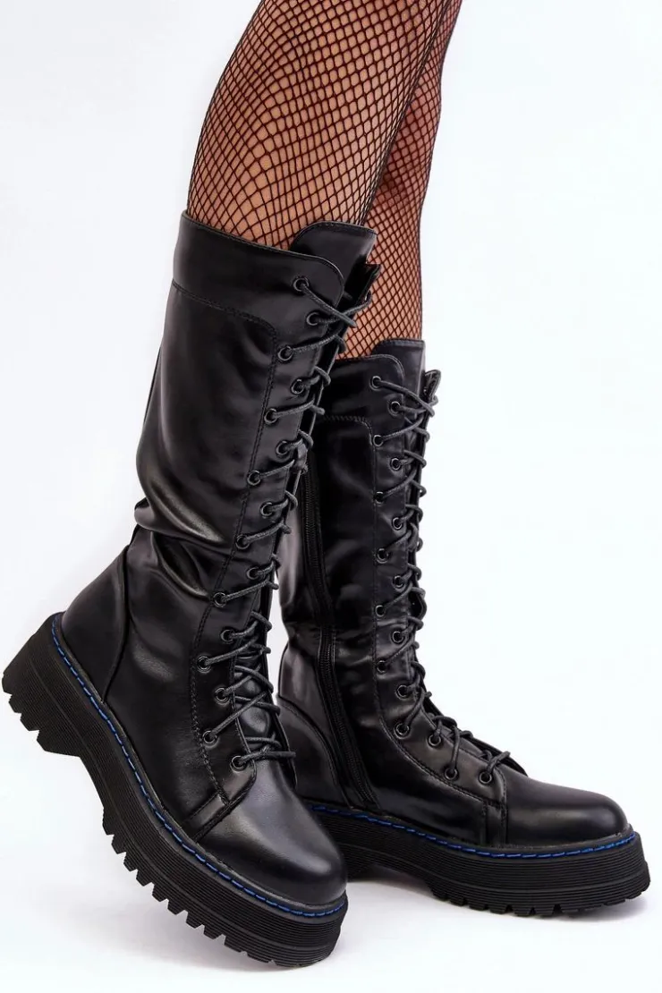 Damskie Boto Skórzane Kozaki Glany Sznurowane Z Suwakiem Czarne Zoraida