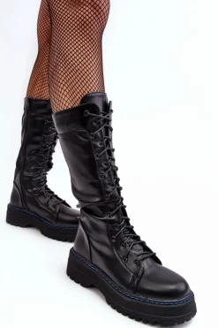 Damskie Boto Skórzane Kozaki Glany Sznurowane Z Suwakiem Czarne Zoraida
