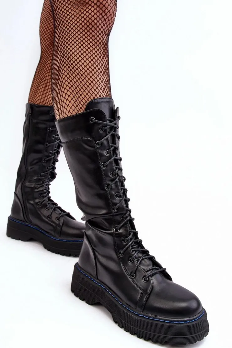 Damskie Boto Skórzane Kozaki Glany Sznurowane Z Suwakiem Czarne Zoraida