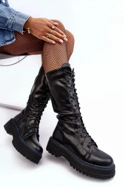 Damskie Boto Skórzane Kozaki Glany Sznurowane Z Suwakiem Czarne Zoraida