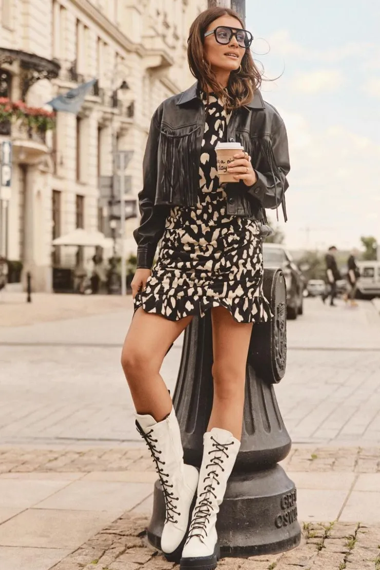 Damskie Boto Skórzane Kozaki Glany Sznurowane Z Suwakiem Białe Zoraida