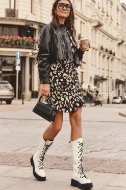 Damskie Boto Skórzane Kozaki Glany Sznurowane Z Suwakiem Białe Zoraida