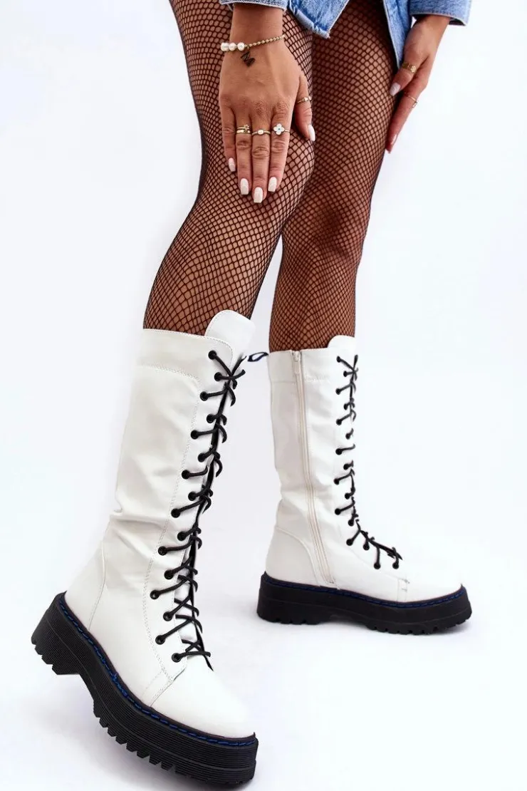 Damskie Boto Skórzane Kozaki Glany Sznurowane Z Suwakiem Białe Zoraida