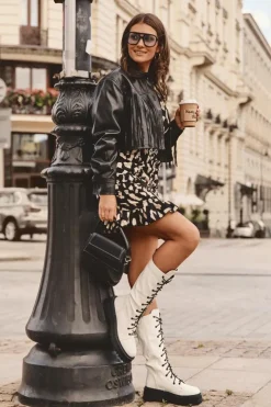 Damskie Boto Skórzane Kozaki Glany Sznurowane Z Suwakiem Białe Zoraida