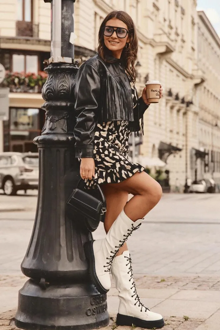 Damskie Boto Skórzane Kozaki Glany Sznurowane Z Suwakiem Białe Zoraida