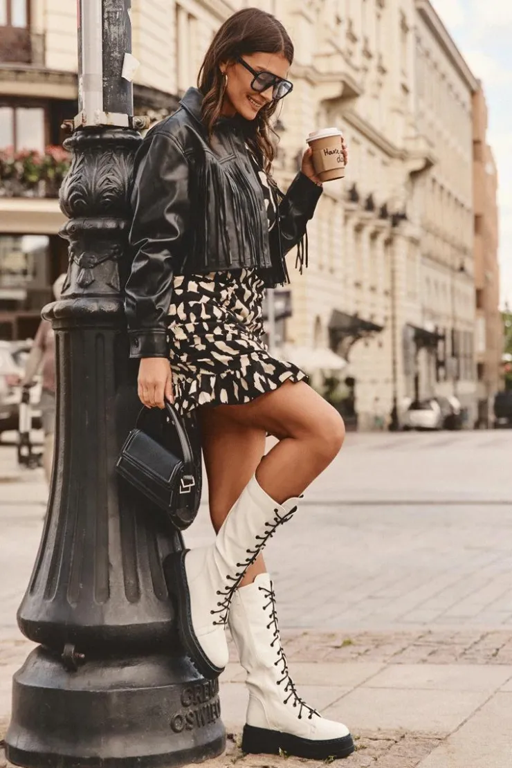 Damskie Boto Skórzane Kozaki Glany Sznurowane Z Suwakiem Białe Zoraida