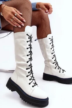 Damskie Boto Skórzane Kozaki Glany Sznurowane Z Suwakiem Białe Zoraida