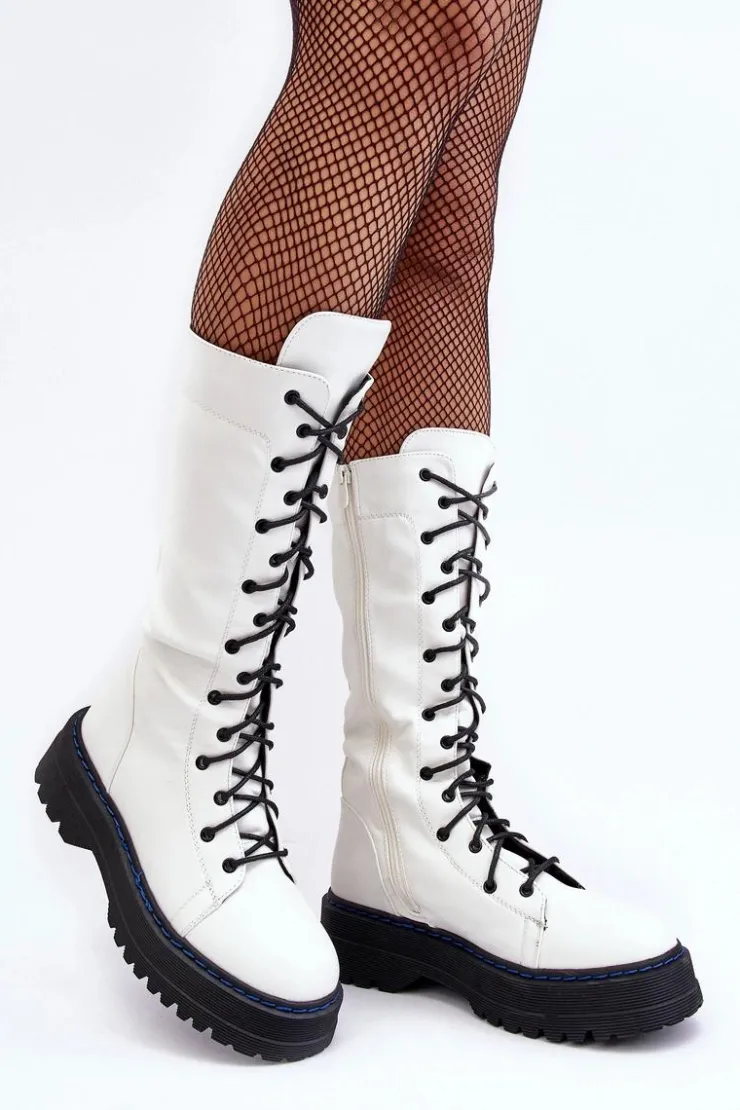 Damskie Boto Skórzane Kozaki Glany Sznurowane Z Suwakiem Białe Zoraida