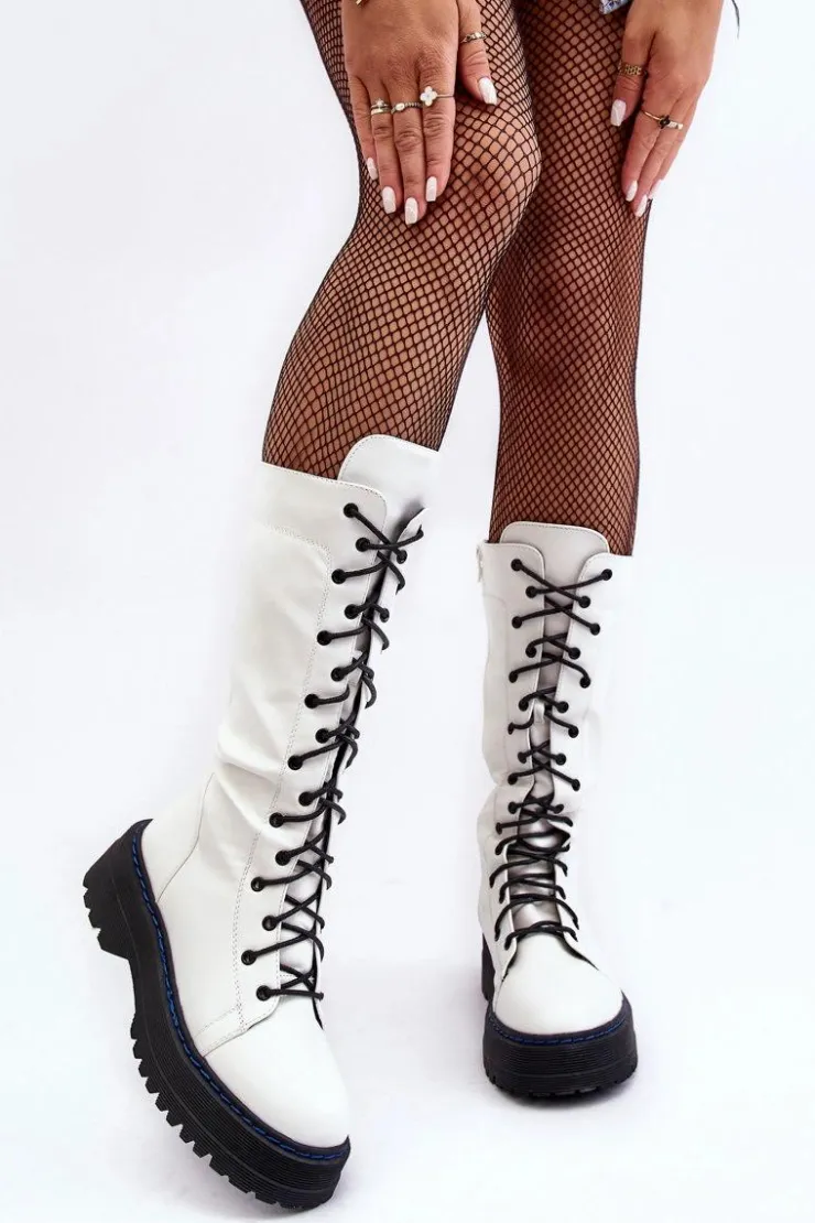 Damskie Boto Skórzane Kozaki Glany Sznurowane Z Suwakiem Białe Zoraida