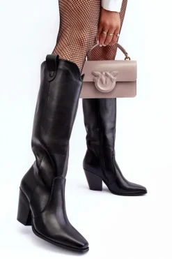 Boto Kozaki Przed Kolano|Kozaki Na Obcasie*Skórzane Kozaki Kowbojki Na Słupku Czarne Solera