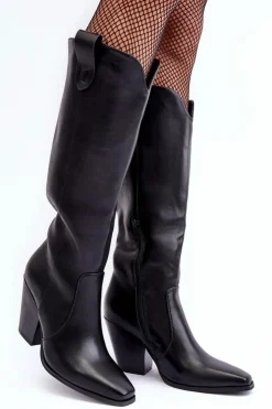 Boto Kozaki Przed Kolano|Kozaki Na Obcasie*Skórzane Kozaki Kowbojki Na Słupku Czarne Solera