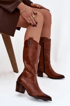 Best Zazoo Skórzane Kozaki Kowbojki Na Obcasie Ocieplane 70155 Brązowe Brązowy