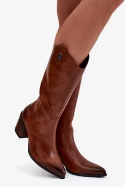 Best Zazoo Skórzane Kozaki Kowbojki Na Obcasie Ocieplane 70155 Brązowe Brązowy