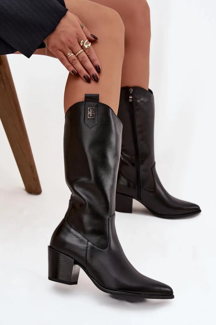 Damskie Zazoo Skórzane Kozaki Kowbojki Na Obcasie Ocieplane 70155 Czarne