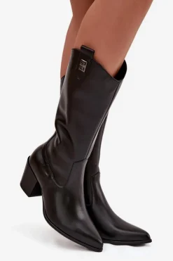 Damskie Zazoo Skórzane Kozaki Kowbojki Na Obcasie Ocieplane 70155 Czarne