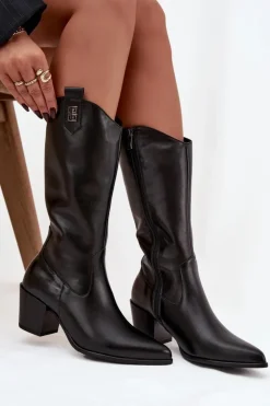Damskie Zazoo Skórzane Kozaki Kowbojki Na Obcasie Ocieplane 70155 Czarne
