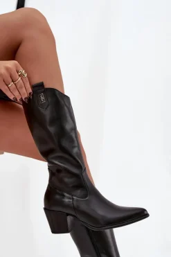 Damskie Zazoo Skórzane Kozaki Kowbojki Na Obcasie Ocieplane 70155 Czarne