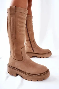 New Maciejka Skórzane Kozaki Beżowe 05277-04