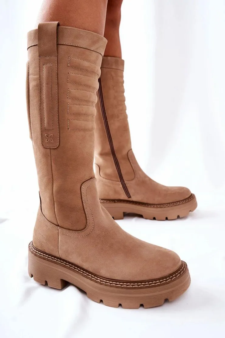 New Maciejka Skórzane Kozaki Beżowe 05277-04