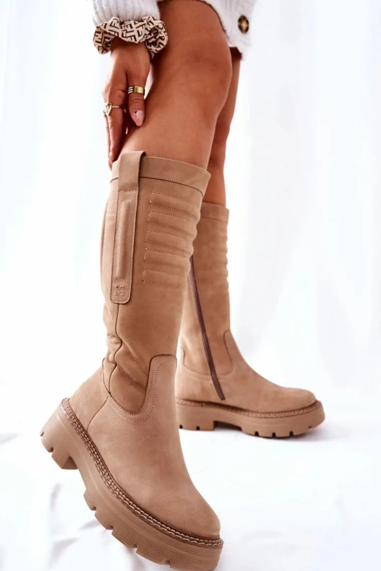 New Maciejka Skórzane Kozaki Beżowe 05277-04