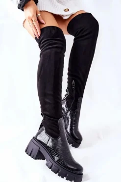 Maciejka Kozaki Wiosenne|Kozaki Na Obcasie*Skórzane Kozaki Krokodyl Czarne 05260-01