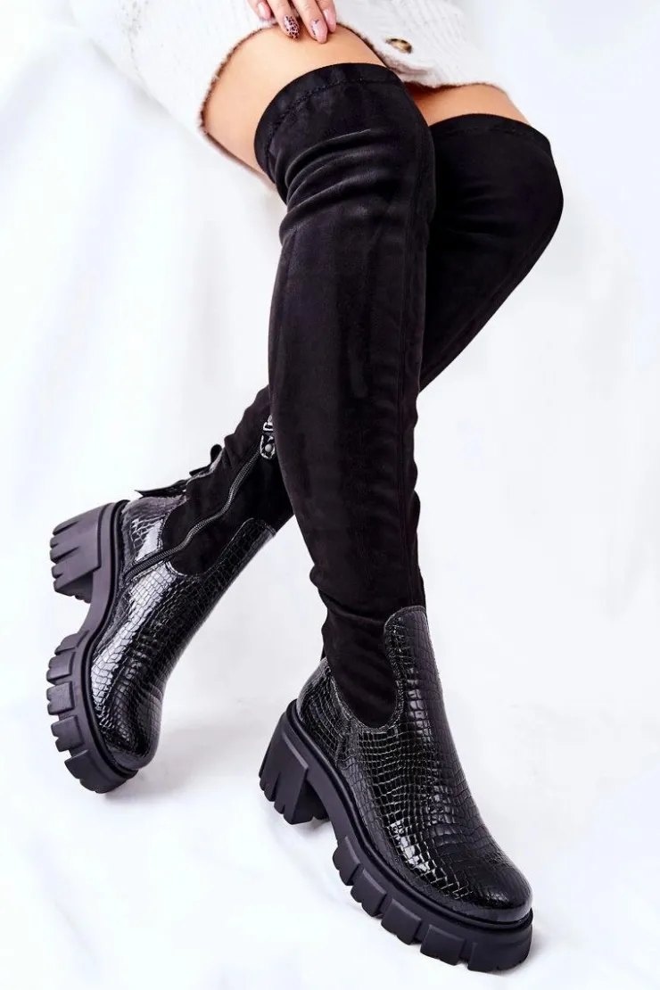 Maciejka Kozaki Wiosenne|Kozaki Na Obcasie*Skórzane Kozaki Krokodyl Czarne 05260-01