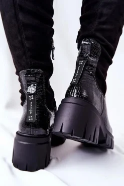 Maciejka Kozaki Wiosenne|Kozaki Na Obcasie*Skórzane Kozaki Krokodyl Czarne 05260-01