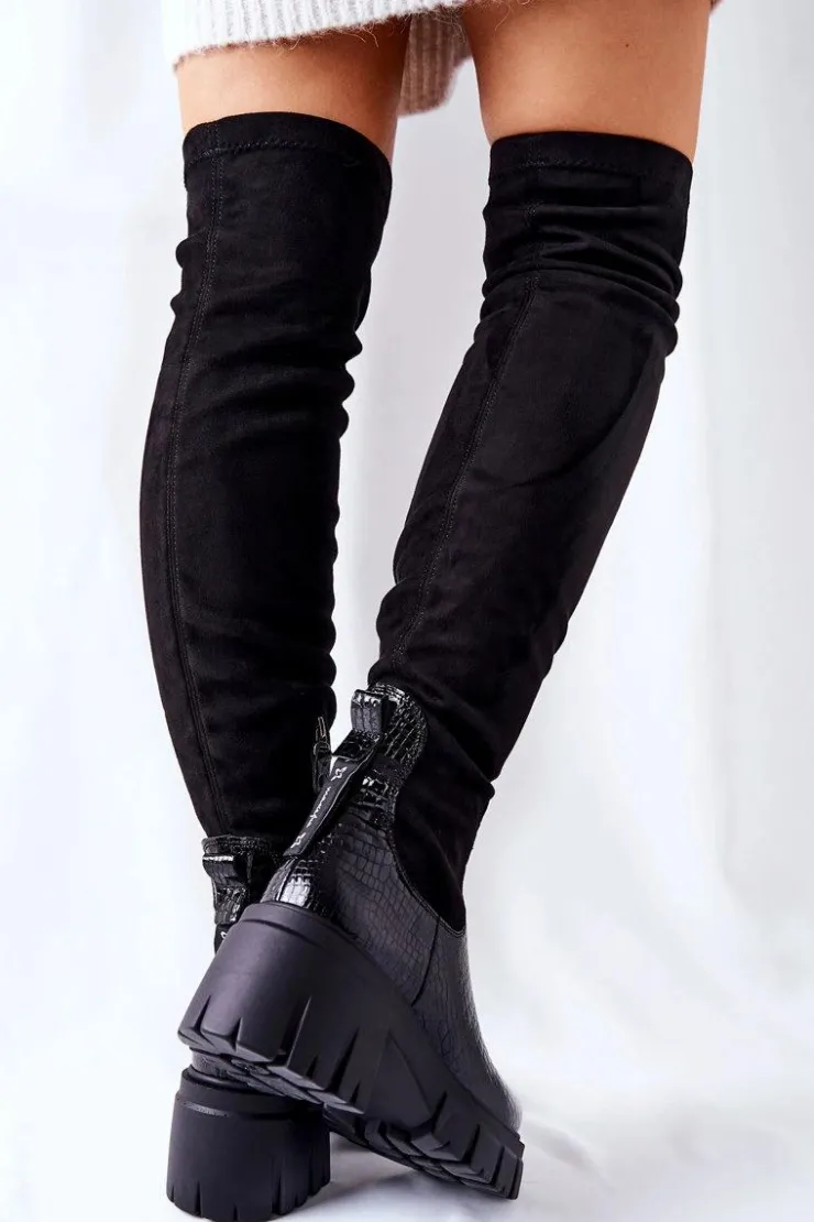 Maciejka Kozaki Wiosenne|Kozaki Na Obcasie*Skórzane Kozaki Krokodyl Czarne 05260-01