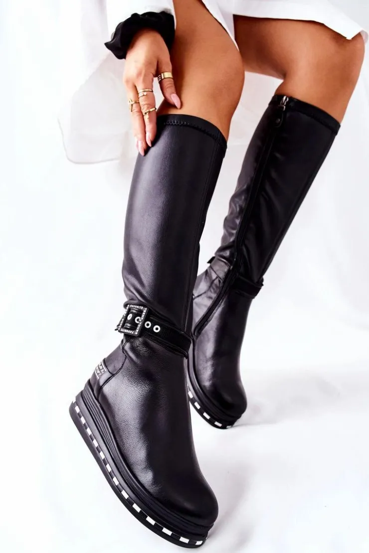 Maciejka Kozaki Ocieplane|Kozaki Płaskie*Skórzane Kozaki Na Platformie Czarne 05293-01