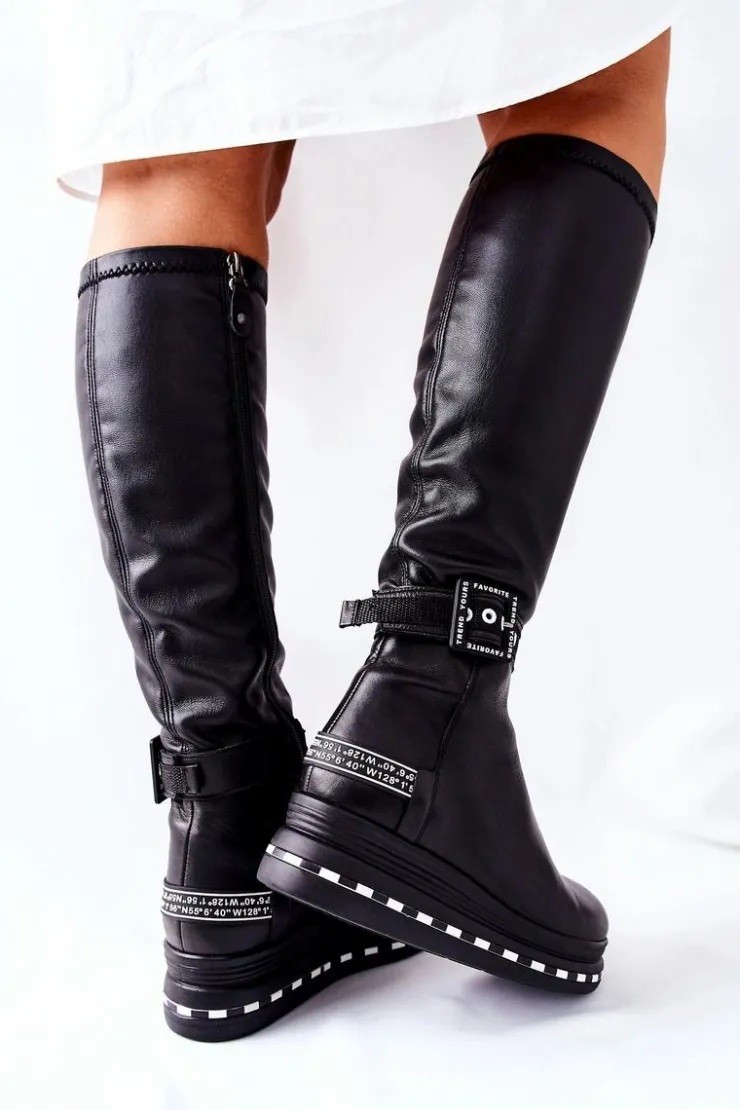 Maciejka Kozaki Ocieplane|Kozaki Płaskie*Skórzane Kozaki Na Platformie Czarne 05293-01