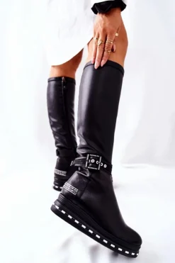 Maciejka Kozaki Ocieplane|Kozaki Płaskie*Skórzane Kozaki Na Platformie Czarne 05293-01