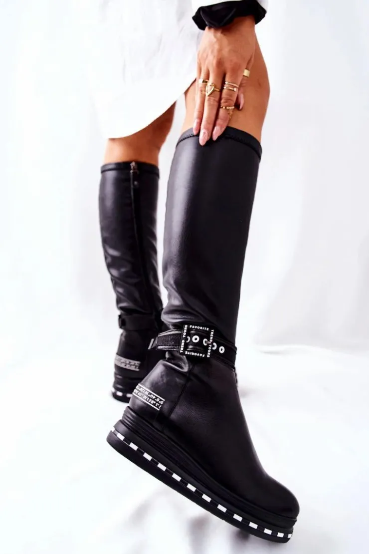 Maciejka Kozaki Ocieplane|Kozaki Płaskie*Skórzane Kozaki Na Platformie Czarne 05293-01