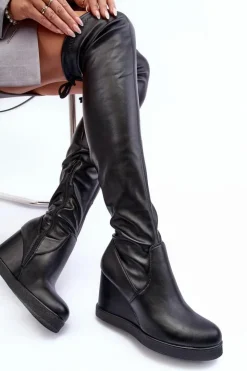 Damskie Boto Skórzane Kozaki Muszkieterki Na Koturnie Czarne Ambre