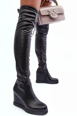 Damskie Boto Skórzane Kozaki Muszkieterki Na Koturnie Czarne Ambre