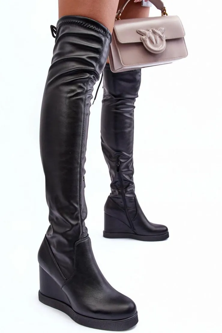 Damskie Boto Skórzane Kozaki Muszkieterki Na Koturnie Czarne Ambre