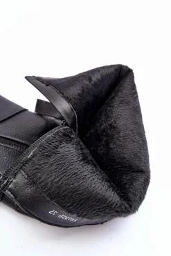 Damskie Boto Skórzane Kozaki Muszkieterki Na Koturnie Czarne Ambre