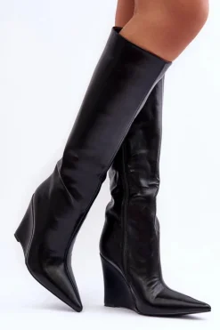 Hot Boto Skórzane Kozaki Na Koturnie Czarne Delinn