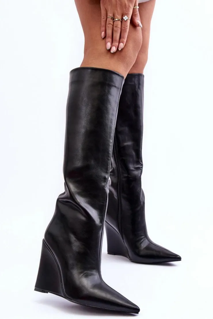 Hot Boto Skórzane Kozaki Na Koturnie Czarne Delinn