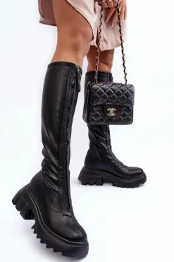 Damskie Boto Skórzane Kozaki Na Masywnej Platformie Z Suwakiem Czarne Ringo