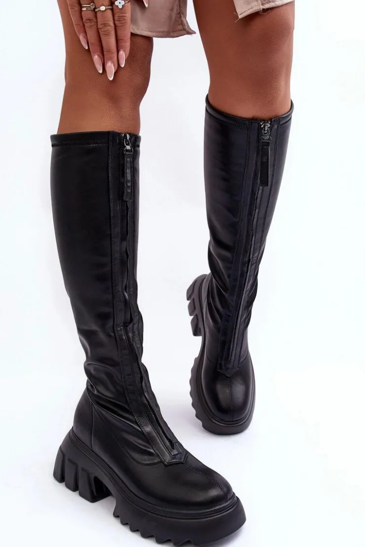 Damskie Boto Skórzane Kozaki Na Masywnej Platformie Z Suwakiem Czarne Ringo