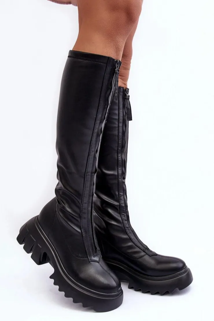 Damskie Boto Skórzane Kozaki Na Masywnej Platformie Z Suwakiem Czarne Ringo
