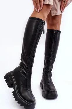 Damskie Boto Skórzane Kozaki Na Masywnej Platformie Z Suwakiem Czarne Ringo