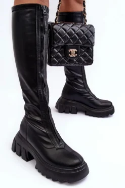 Damskie Boto Skórzane Kozaki Na Masywnej Platformie Z Suwakiem Czarne Ringo