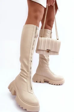 Boto Kozaki Płaskie|Kozaki Przed Kolano*Skórzane Kozaki Na Masywnej Platformie Z Suwakiem Beżowe Ringo