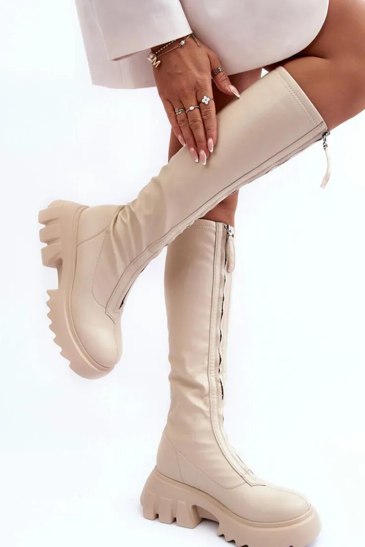 Boto Kozaki Płaskie|Kozaki Przed Kolano*Skórzane Kozaki Na Masywnej Platformie Z Suwakiem Beżowe Ringo