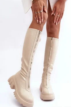Boto Kozaki Płaskie|Kozaki Przed Kolano*Skórzane Kozaki Na Masywnej Platformie Z Suwakiem Beżowe Ringo
