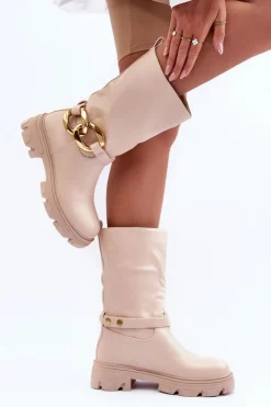 Online Boto Skórzane Kozaki Na Płaskim Obcasie Beżowe Diominna