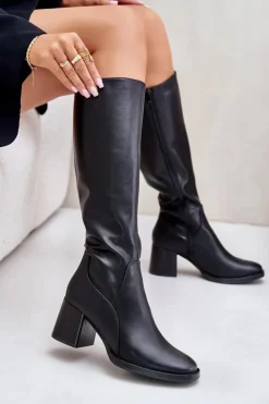 Buty Sergio Leone Kozaki Przed Kolano|Kozaki Na Obcasie*Skórzane Kozaki Na Słupku Przed Kolano Ocieplane Sergio Leone KZ231-S Czarne