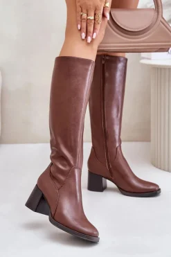 Hot Buty Sergio Leone Skórzane Kozaki Na Słupku Przed Kolano Ocieplane Sergio Leone KZ231-S Brązowe