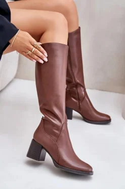 Hot Buty Sergio Leone Skórzane Kozaki Na Słupku Przed Kolano Ocieplane Sergio Leone KZ231-S Brązowe